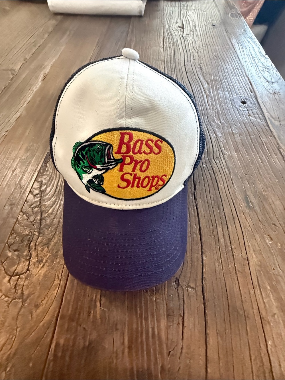 Bass Pro Shops White Front Trucker Hat with Navy Bill